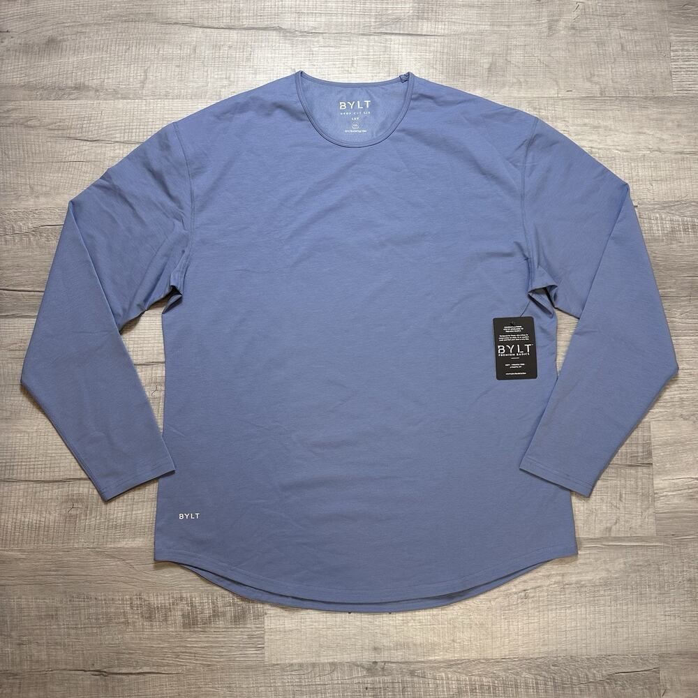 BYLT Drop Cut Lux Performance Long Sleeve Shirt Mens Sz XXL Blue Curved Hem NEW